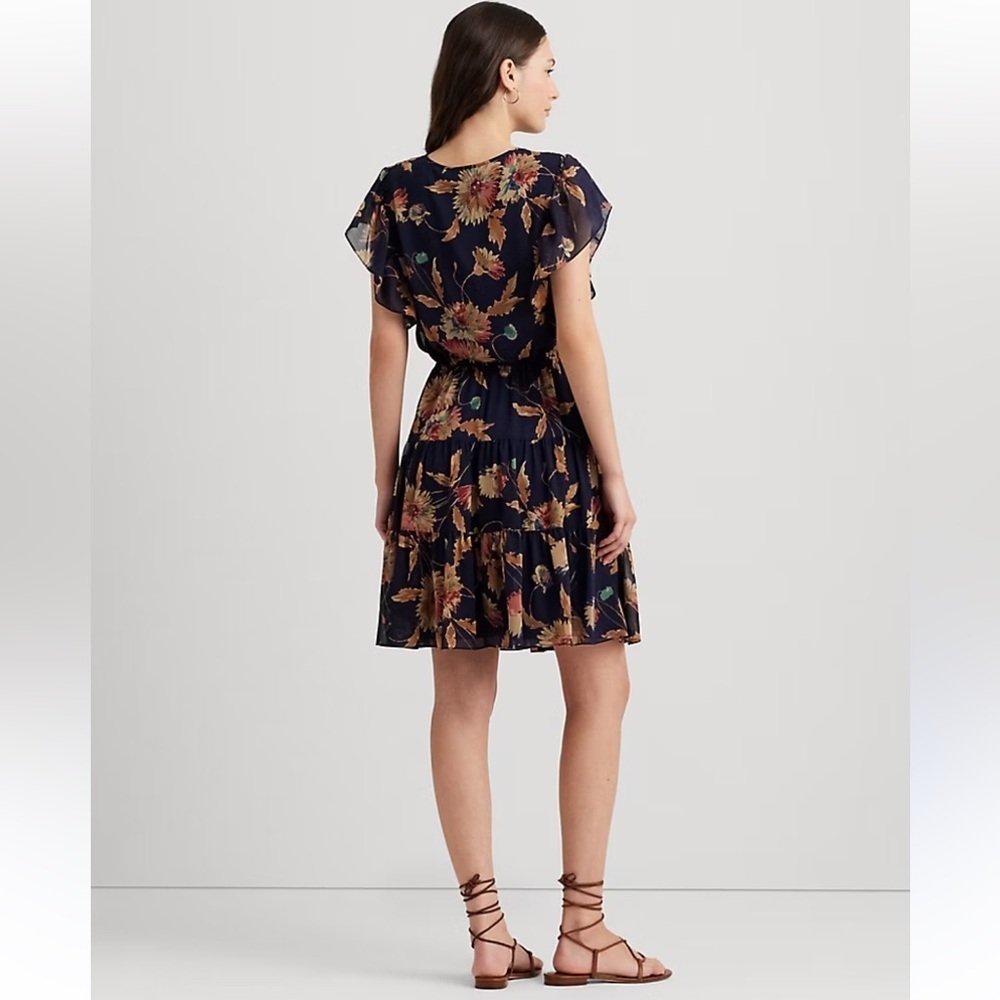 Ralph Lauren Georgette Navy Blue Brown Floral Dress Tie Neck Short Sleeve Size 0